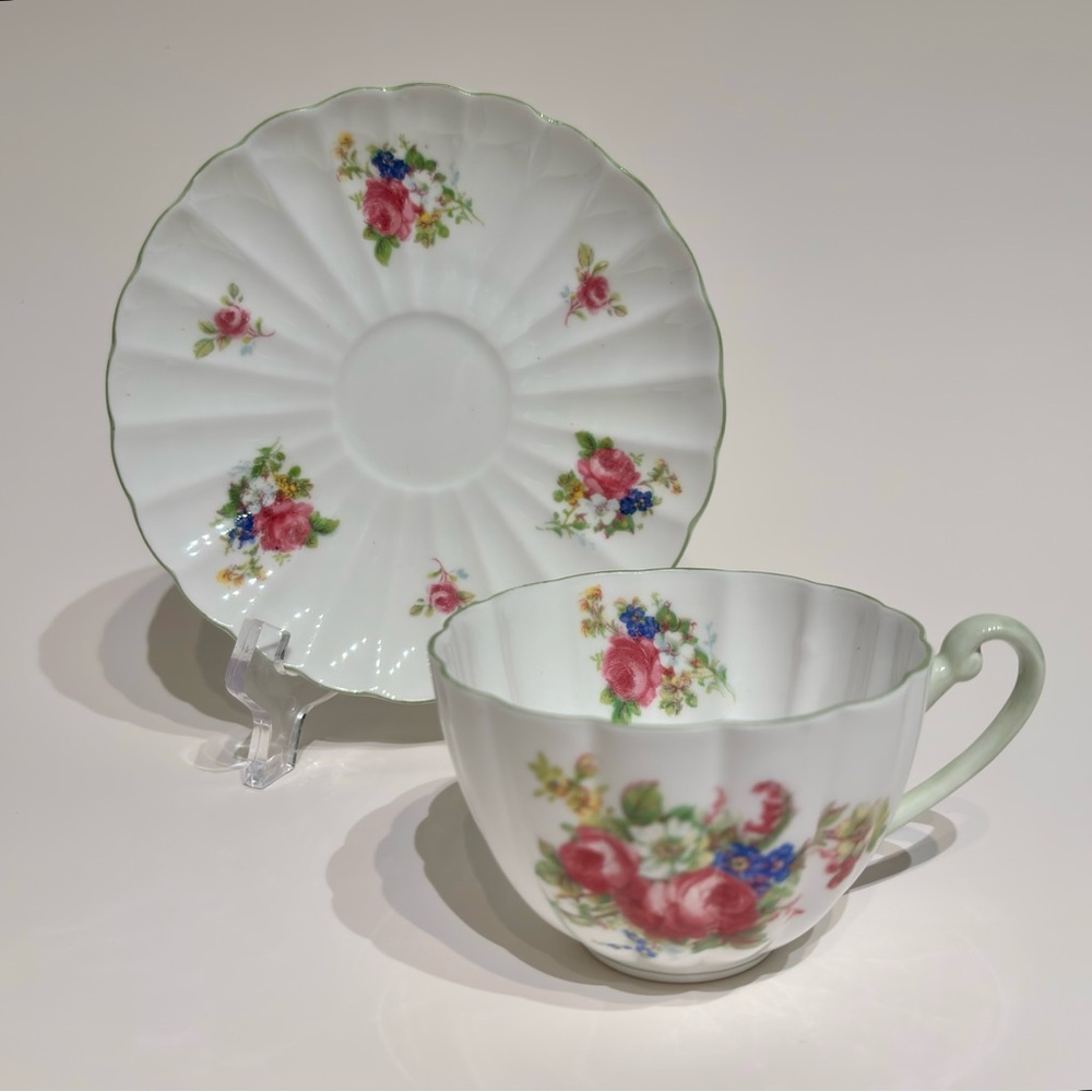 Vintage Shelley England Hulmes Rose Ludlow Bone China Flat Cup and Saucer Set
